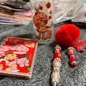 Strawberry Shortcake Rhinestone Pen, glass tumbler, Notebook & Keychain.